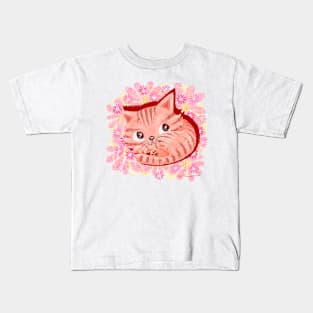 Pink kitten in a field of flowers Kids T-Shirt